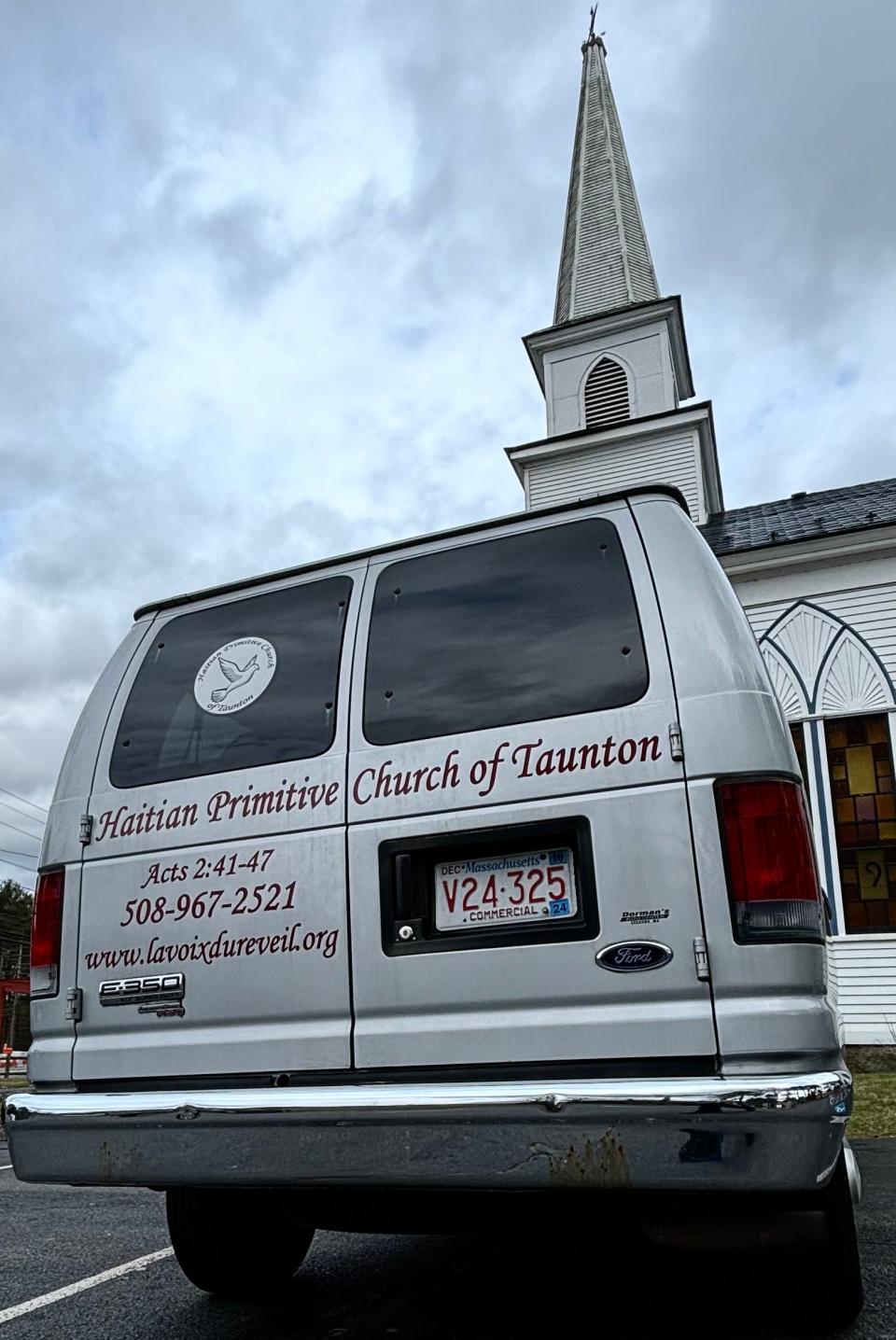 Seen here on Friday, April 12, 2024, parked next to the North Taunton Baptist Church is a van belonging to the Haitian Primitive Church of Taunton that's used for food deliveries.