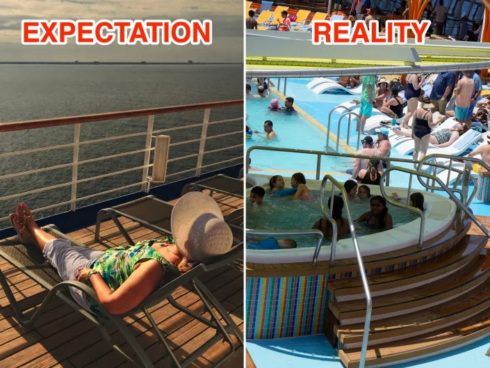 Side-by-side photos show the expectation and reality of going on a cruise