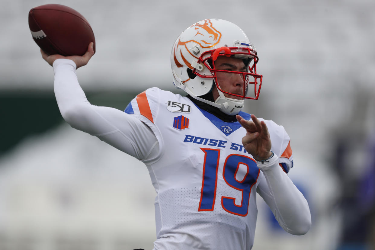 Boise State quarterback Hank Bachmeier (19) warms up before the first half of an NCAA college football game Friday, Nov. 29, 2019, in Fort Collins, Colo. (AP Photo/David Zalubowski)