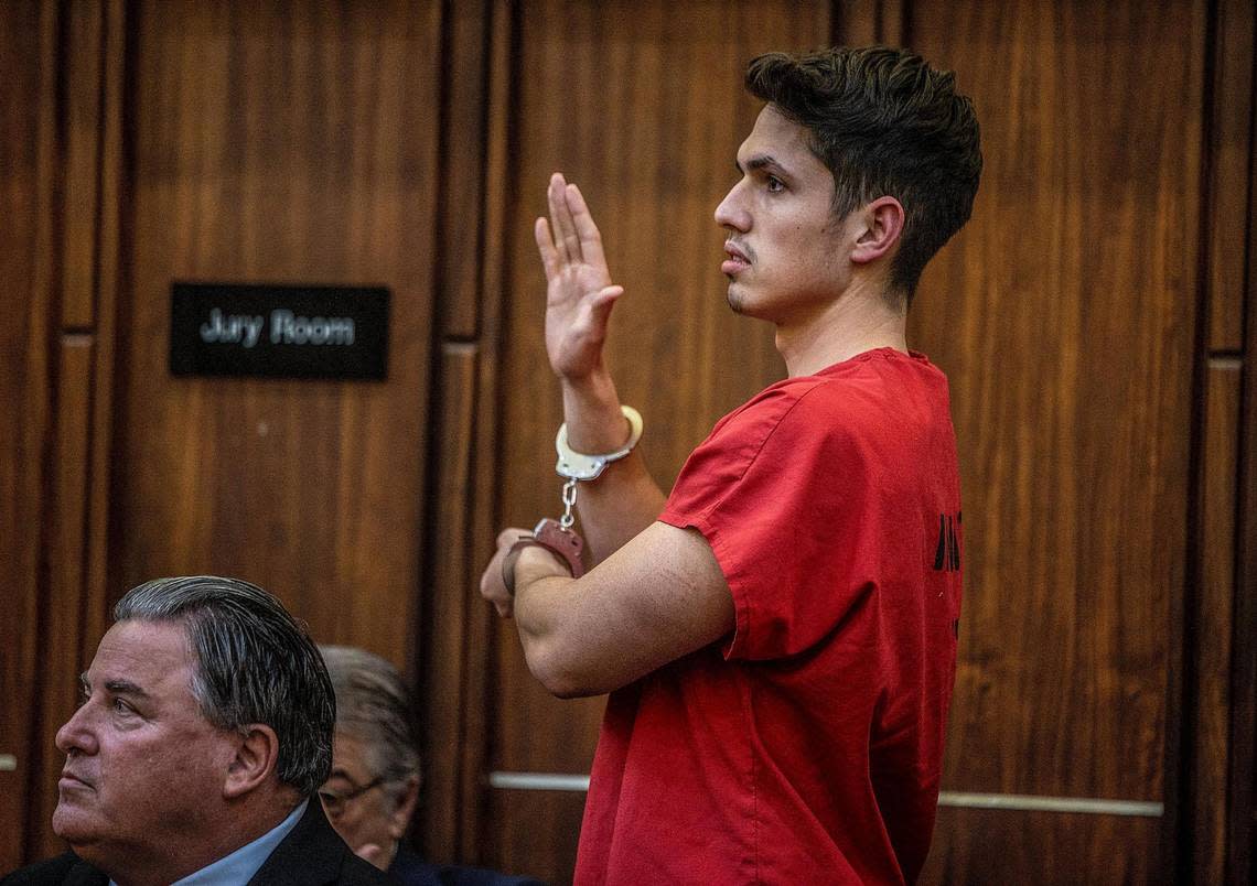 Hialeah Police officer Lorenzo Orfila, takes the oath during the fifth day of his bail hearing in front of Judge Robert T. Watson.He is accused of kidnapping a homeless man, driving him to an isolated location, and beating him while he was handcuffed and leaving him behind unconscious. The hearing took place at the at the Richard E. Gerstein Justice Building, in Miami, on Friday February 10, 2023.