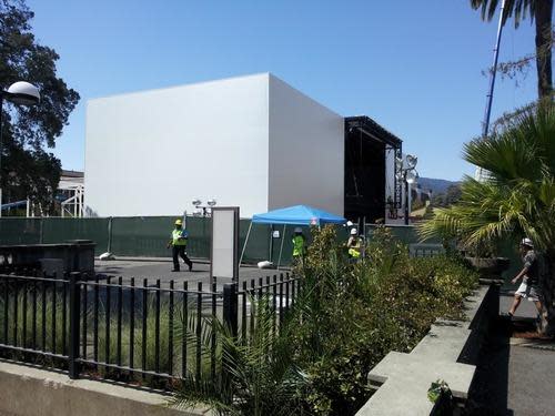 Square white structure being built near the Flint Center