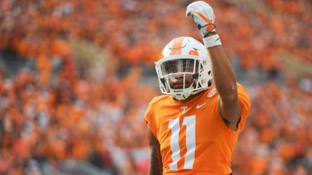 Tennessee wide receiver Jalin Hyatt (11) celebrates during a game between Tennessee and Alabama in Neyland Stadium, on Saturday, Oct. 15, 2022.