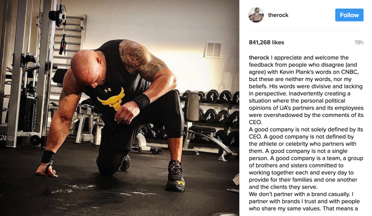 Dwayne Johnson’s Instagram post about Under Armour and Trump