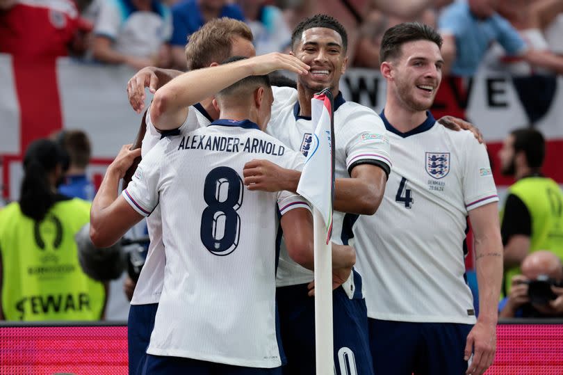 Harry Kane, Trent Alexander-Arnold, Jude Bellingham and Declan Rice of England celebrate 1st goal during the UEFA EURO 2024 group stage match between Denmark and England at Frankfurt Arena on June 20, 2024