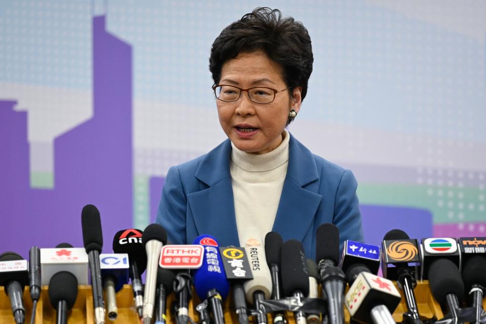 Hong Kong's Chief Executive Carrie Lam attends a press conference in Beijing on December 16, 2019. - Chinese President Xi Jinping told beleaguered Hong Kong leader Carrie Lam on December 16 that she had Beijing's "unwavering support" after another huge pro-democracy rally earlier this month and her government's thrashing at recent local elections. (Photo by WANG ZHAO / AFP) (Photo by WANG ZHAO/AFP via Getty Images)