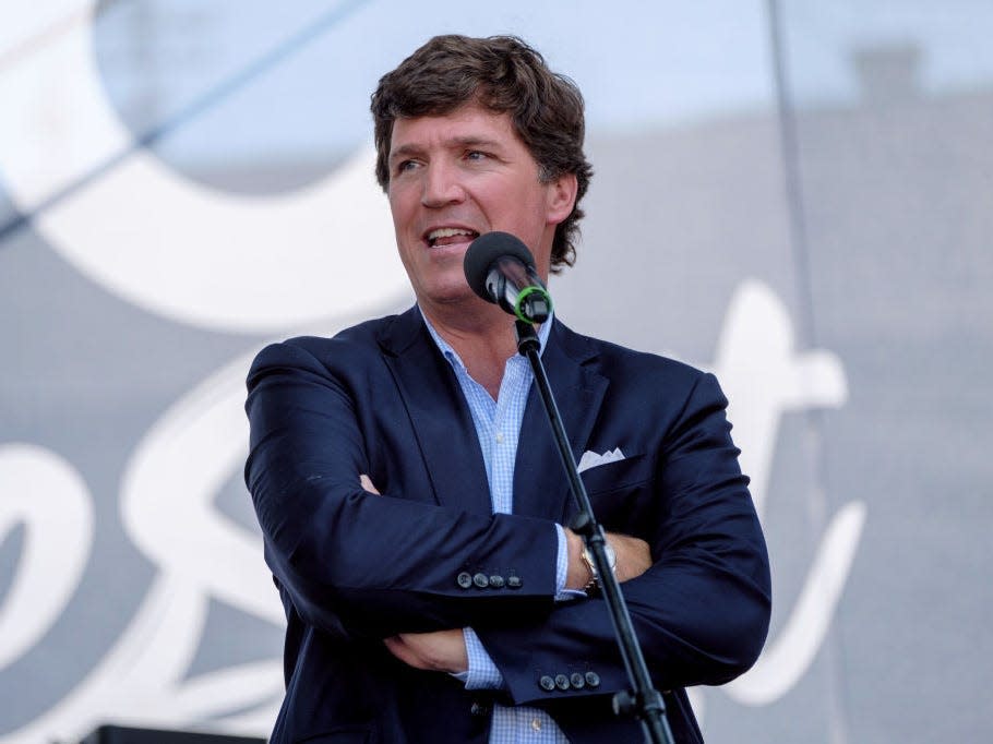 Tucker Carlson speaks during the Mathias Corvinus Collegium Feszt on August 7, 2021 in Esztergom, Hungary.