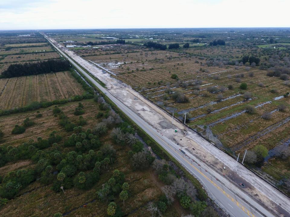 Drone shows construction on Oslo Road at 58th Avenue in Indian River County at noon Jan. 18, 2024. Work is being done on a bridge replacement with an Interstate 95 interchange at Oslo Road that began Aug. 14, 2023. The $95.8 million project is expected to take four years to complete.