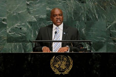 FILE PHOTO: The then vice president of the Republic of Botswana, Mokgweetsi Eric Keabetswe Masisi, addresses the United Nations General Assembly at U.N. headquarters in New York, Sept. 21, 2017. REUTERS/Lucas Jackson/File Photo/File Photo