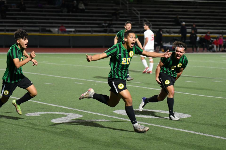 Moorpark's Jerry Ramos celebrates his goal against Redondo Union during a CIF-SS Division 2 quarterfinal match at Moorpark High on Friday, Feb. 18, 2022. The Musketeers lost in penalty kicks.