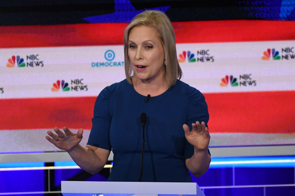 Democratic presidential hopeful US Senator for New York Kirsten Gillibrand speaks during the second Democratic primary debate of the 2020 presidential campaign season hosted by NBC News at the Adrienne Arsht Center for the Performing Arts in Miami, Florida, June 27, 2019. | Saul Loeb—AFP/Getty Images