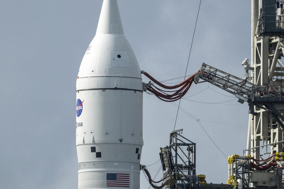 FILE - A close-up view of NASA's moon rocket at Kennedy Space Center, Monday, Nov. 14, 2022, in Cape Canaveral, Fla. NASA's high-tech, automated Orion capsule is named after the constellation, among the night sky’s brightest. (Bill Ingalls/NASA via AP, File)