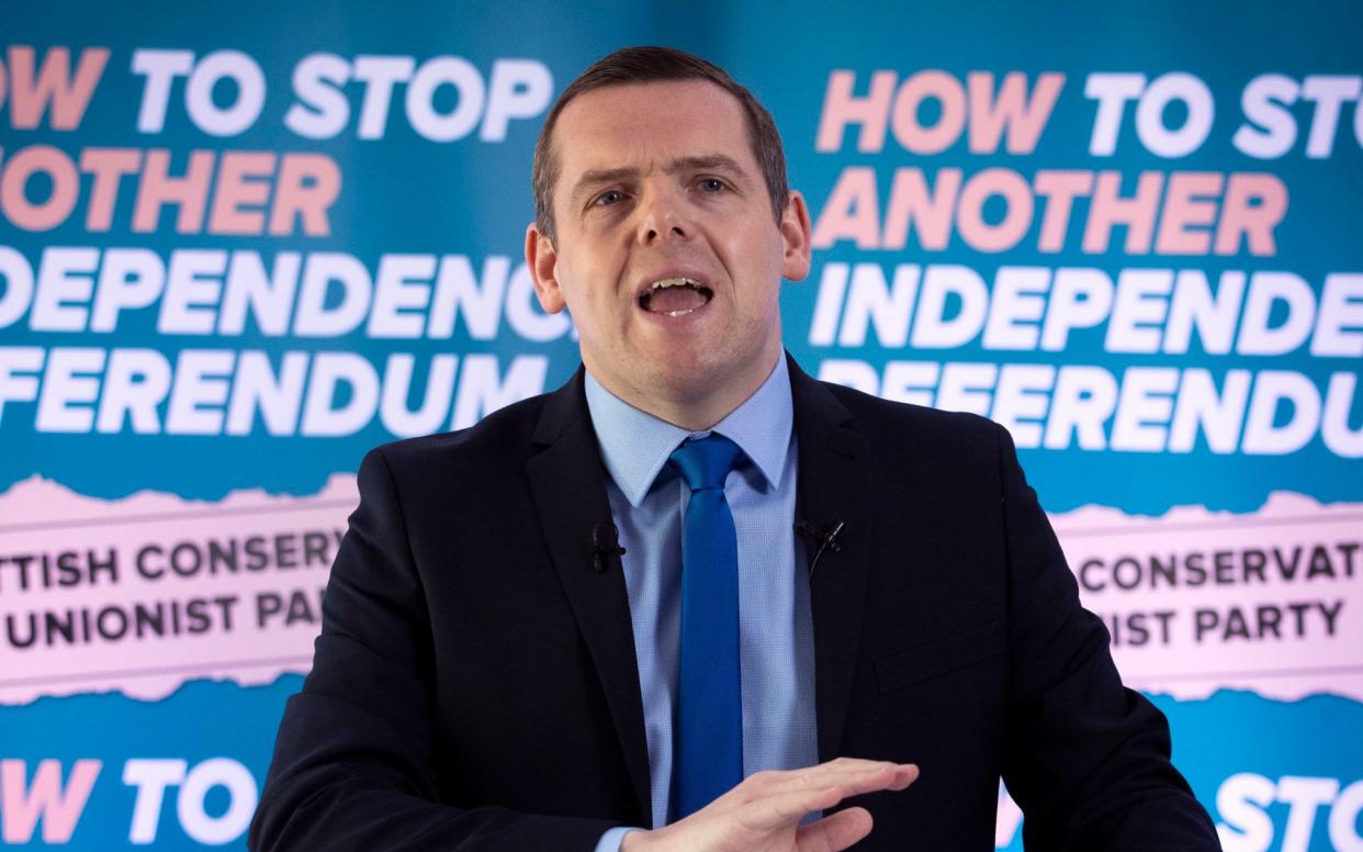 Scottish Conservative leader Douglas Ross delivers a speech during a visit to Coldstream in the Scottish Borders during campaigning for the Scottish Parliamentary election. Picture date: Thursday April 29, 2021. PA Photo. See PA story SCOTLAND Election.  - Jane Barlow/PA Wire