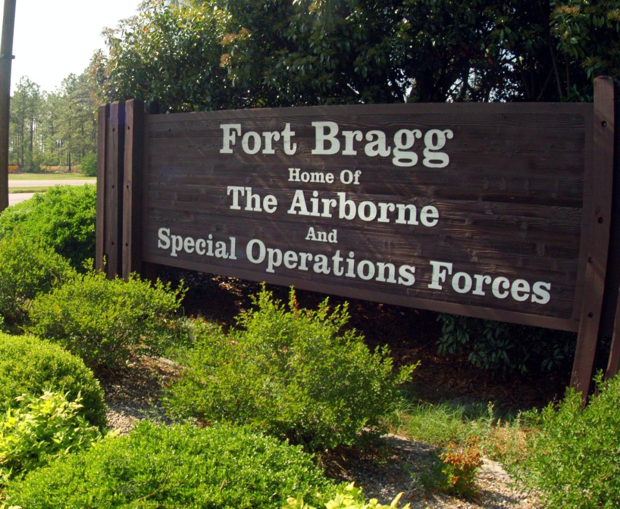 <span class="caption">Named after Confederate Gen. Braxton Bragg, Fort Bragg, outside Fayetteville, N.C., is one of the U.S. bases under consideration for a name change. </span> <span class="attribution"><a class="link " href="https://www.gettyimages.com/detail/news-photo/sign-shows-fort-bragg-information-may-13-2004-in-news-photo/50837592?adppopup=true" rel="nofollow noopener" target="_blank" data-ylk="slk:Logan Mock-Bunting/Getty Images;elm:context_link;itc:0;sec:content-canvas">Logan Mock-Bunting/Getty Images</a></span>