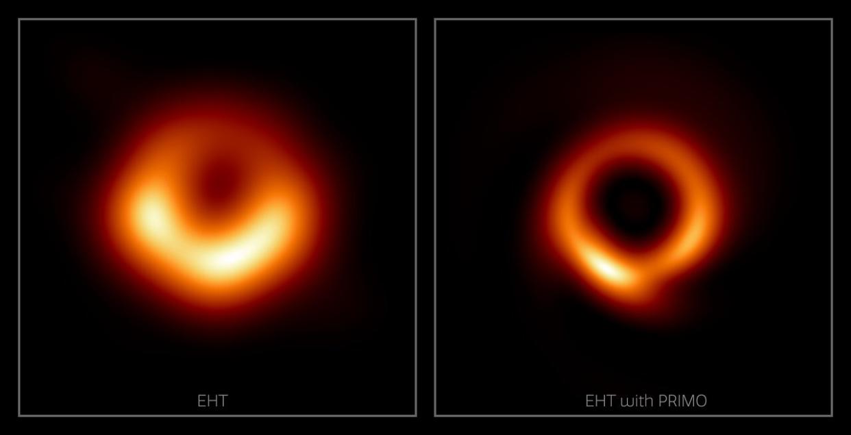  At left is the famous image of the M87 supermassive black hole originally published by the Event  Horizon Telescope collaboration in 2019. At right is a new image of the black hole generated by the PRIMO algorithm using the same data set. 