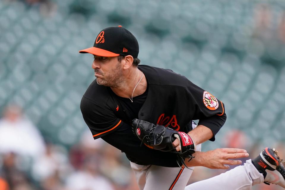 Baltimore Orioles starting pitcher Matt Harvey throws during the first inning of a baseball game against the Detroit Tigers, Friday, July 30, 2021, in Detroit.