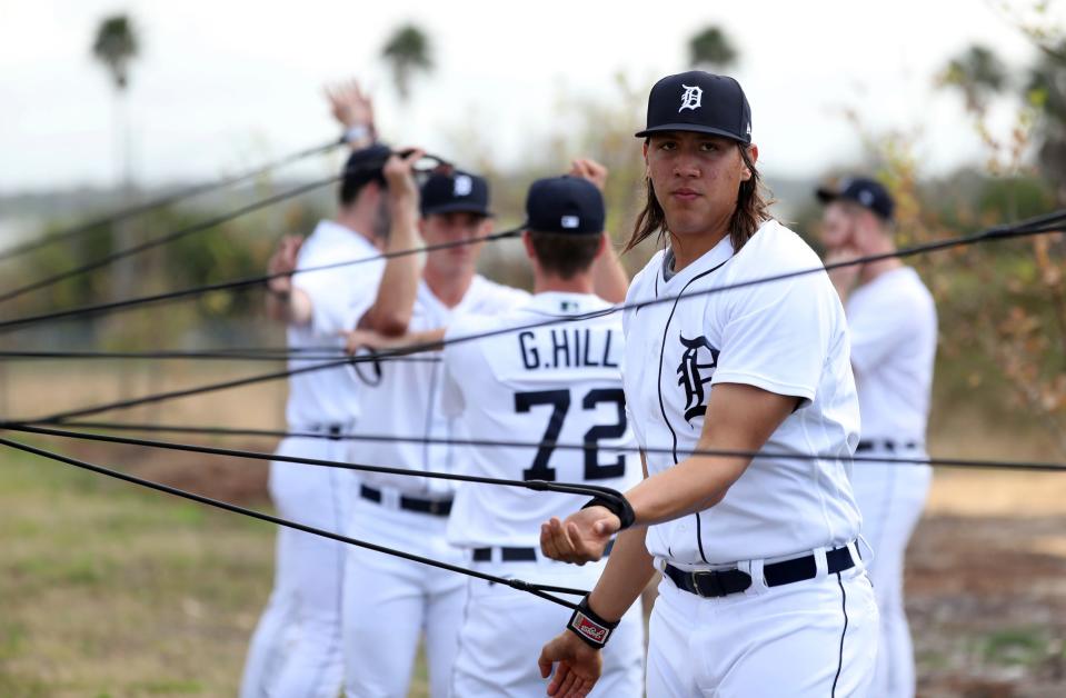 Tigers pitching prospect Wilmer Flores goes through drills during spring training minor league minicamp on Friday, Feb.18, 2022 at Tiger Town in Lakeland, Florida.