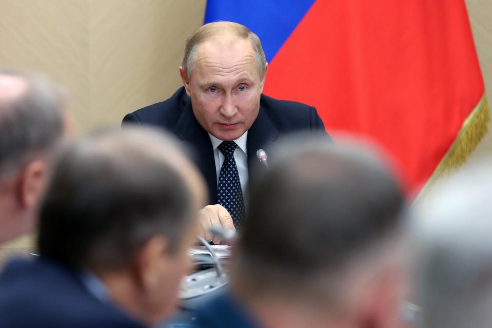 Russian President Vladimir Putin chairs a Security Council meeting at the Novo-Ogaryovo residence outside Moscow, Russia, Friday, Nov. 22, 2019. (Yekaterina Shtukina, Sputnik, Government Pool Photo via AP)