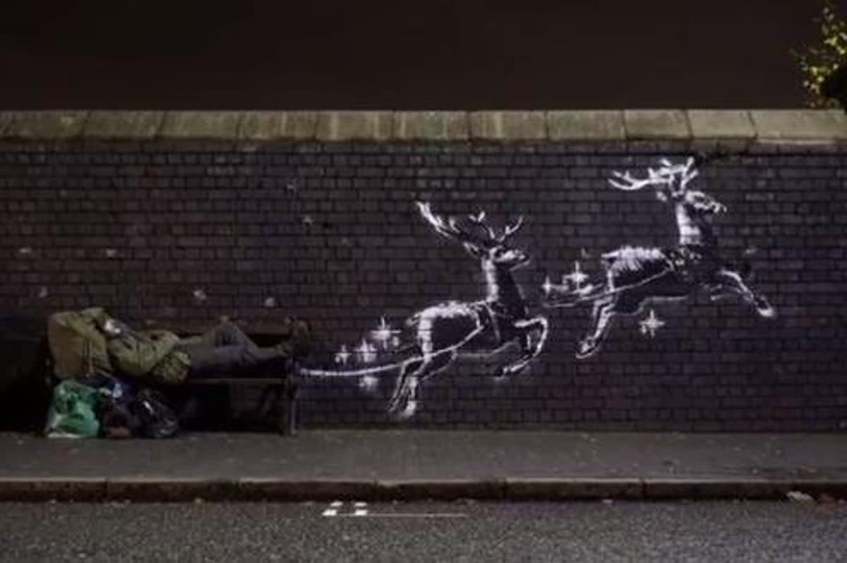 Banksy turned a rough sleeper's bench into Santa's sleigh in a social commentary on homelessness at Christmas (Banksy)