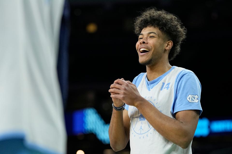 North Carolina guard Puff Johnson smiles during practice for the men's Final Four NCAA college basketball tournament, Friday, April 1, 2022, in New Orleans. (AP Photo/David J. Phillip)