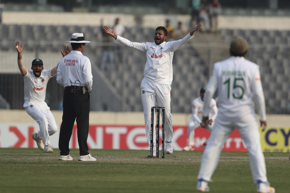 Bangladesh's captain Shakib Al Hasan appeals unsuccessful for the wicket of India's Shubman Gill during the third day of the second cricket test match between Bangladesh and India, in Dhaka, Bangladesh, Saturday, Dec. 24, 2022. (AP Photo/Surjeet Yadav)