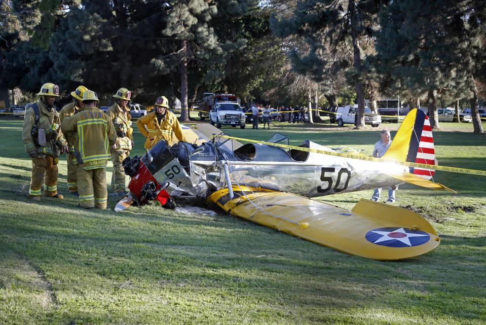 An airplane sits on the ground after crash landing at Penmar Golf Course in Venice, Los Angeles CA