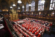 FILE - Members of the House of Lords wait for the start of the State Opening of Parliament at the Houses of Parliament, in London, Tuesday, Nov. 7, 2023. The unelected upper house of Parliament scrutinizes legislation passed by the Commons. It is made up of peers appointed for life by political parties, along with a smattering of judges, bishops and hereditary nobles. (Leon Neal/Pool Photo via AP, File)