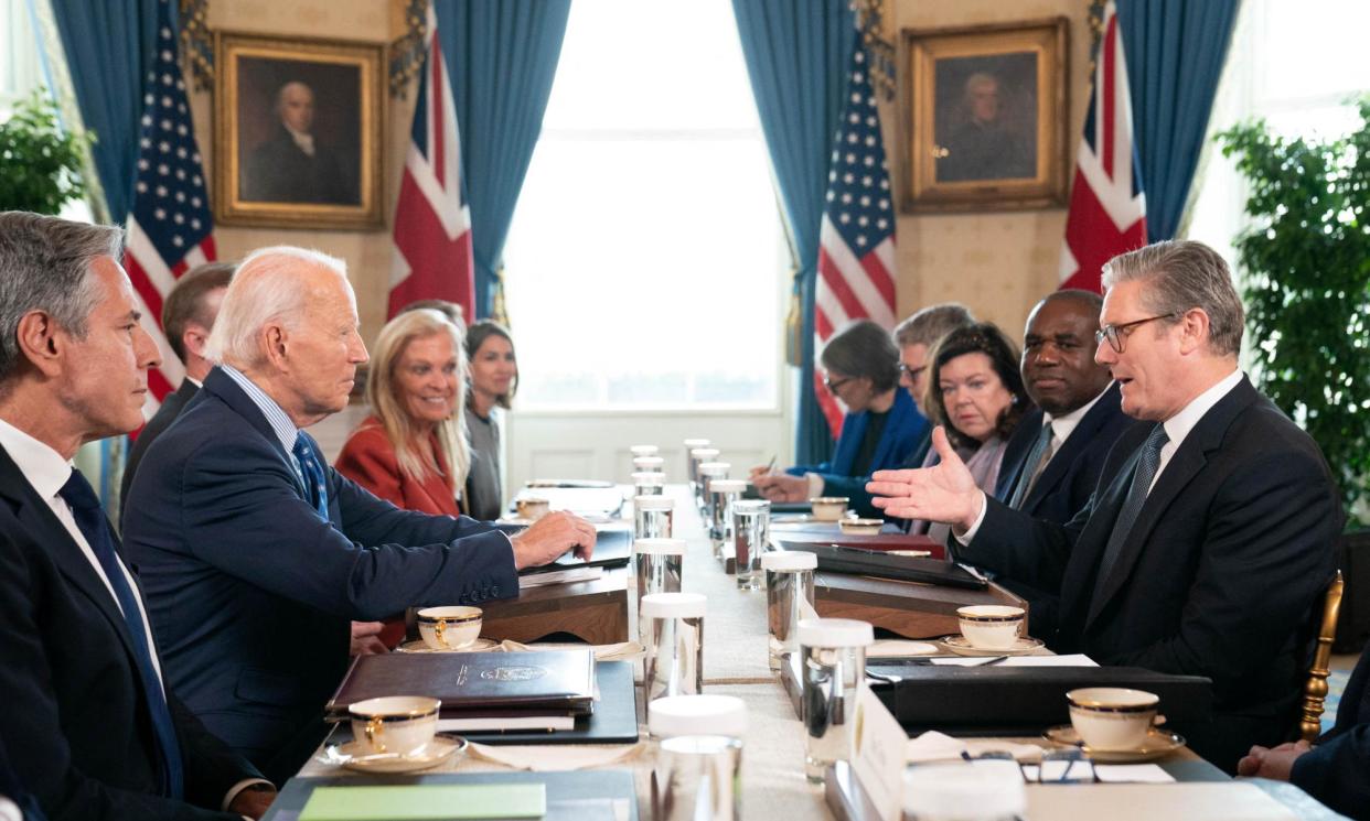 <span>US president Joe Biden, second left, and UK prime minister Keir Starmer, far right, hold talks in Washington on Friday. <br></span><span>Photograph: Stefan Rousseau/Reuters</span>