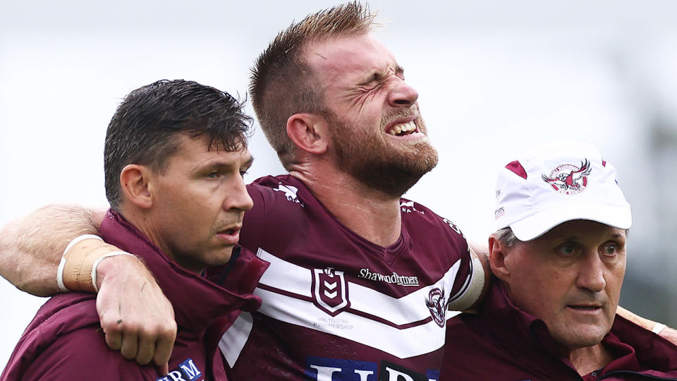 Manly's Andrew Davey has penned an emotional Instagram post after suffering a season-end ruptured ACL during round two of the 2021 NRL season. (Photo by Cameron Spencer/Getty Images)