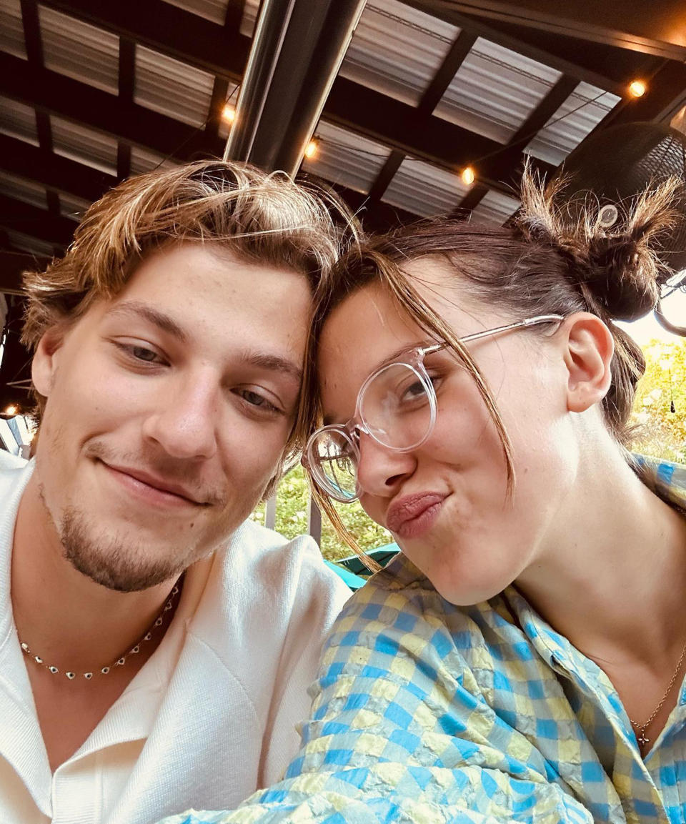 Millie Bobby Brown and Jake Bongiovi smile for a selfie. (@milliebobbybrown via Instagram)