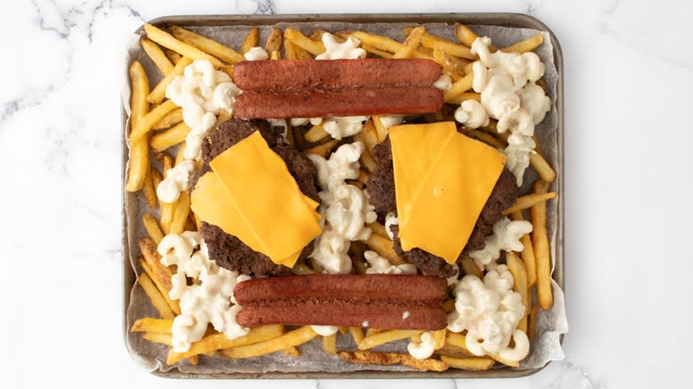 rochester garbage plate with hot dogs cheeseburgers