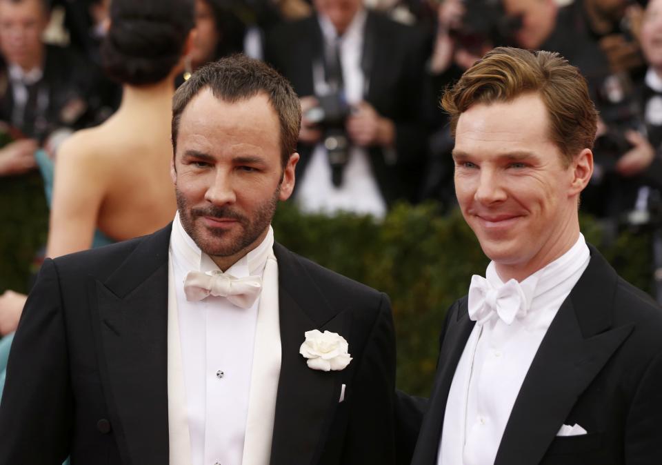 Designer Ford and actor Cumberbatch arrive at the Metropolitan Museum of Art Costume Institute Gala Benefit celebrating the opening of "Charles James: Beyond Fashion" in New York