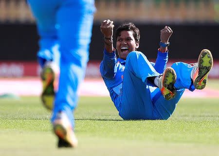 Cricket - Australia vs India - Women's Cricket World Cup Semi Final - Derby, Britain - July 20, 2017 India's Deepti Sharma celebrates taking the wicket of Australia's Nicole Bolton Action Images via Reuters/Jason Cairnduff