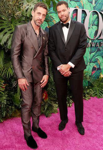 <p>Kevin Mazur/Getty Images for Tony Awards Productions</p> Aaron Rodgers and C.J. Uzomah attend the 76th annual Tony Awards