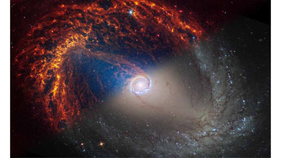 Face-on barred spiral galaxy, NGC 1512, is split diagonally in this image. The JWST’s observations appear at top left, and the Hubble Space Telescope’s on bottom right. JWST’s observations combine near- and mid-infrared light and Hubble’s showcase visible and ultraviolet light. Dust absorbs ultraviolet and visible light, and then re-emits it in the infrared. In JWST’s images, we see dust glowing in infrared light. In Hubble’s images, dark regions are where starlight is absorbed by dust. CREDIT: NASA, ESA, CSA, STScI, Janice Lee (STScI), Thomas Williams (Oxford), PHANGS Team