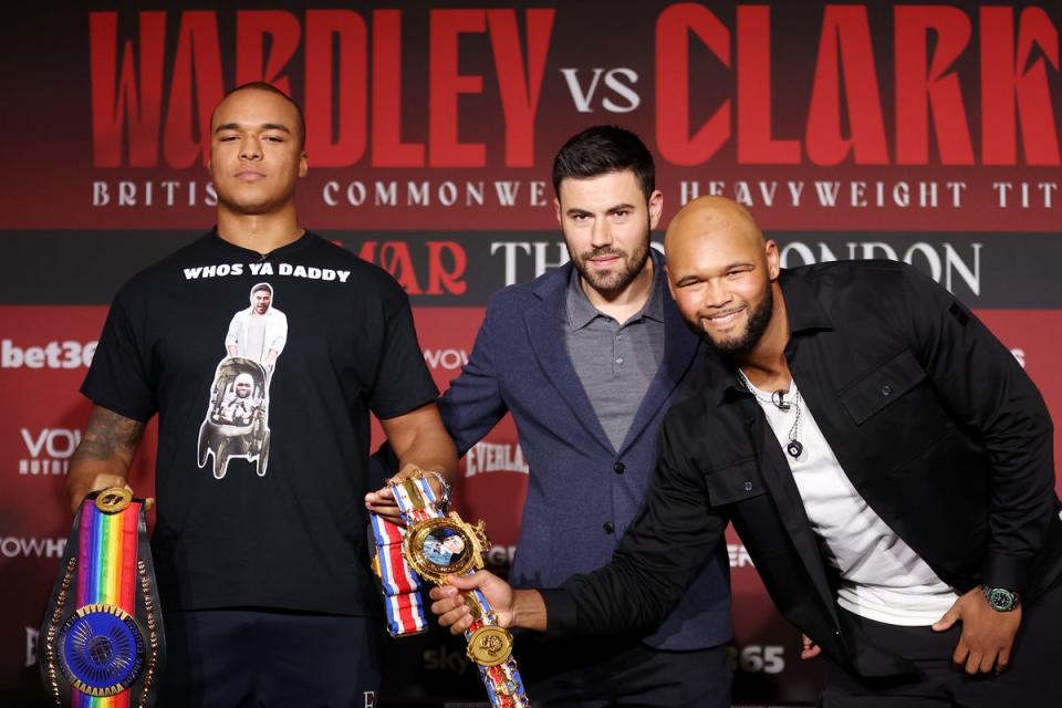 Wardley (left) with Clarke (right) and Boxxer chief Ben Shalom (Getty Images)