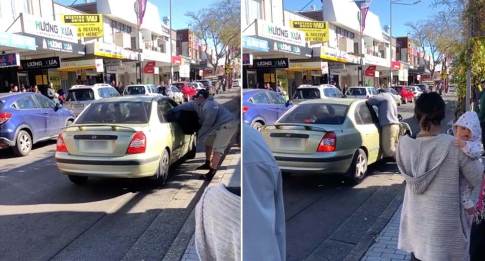 Stills from witness's video shows one man throwing a punch and attempting to drag another man out of his car during a road rage incident in Cabramatta, Sydney's west.