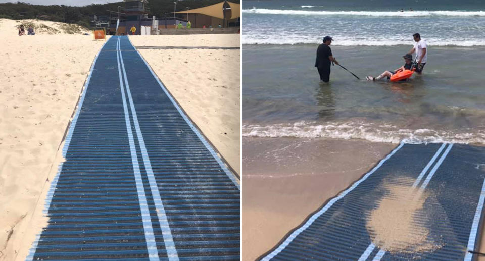 Just last week Port Stephens rolled out their new beach access mats at Fingal Beach. Image: Facebook/Mayor Ryan Palmer