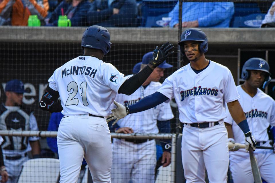 Blue Wahoos Paul McIntosh is greeted by teammates following his second inning home run.