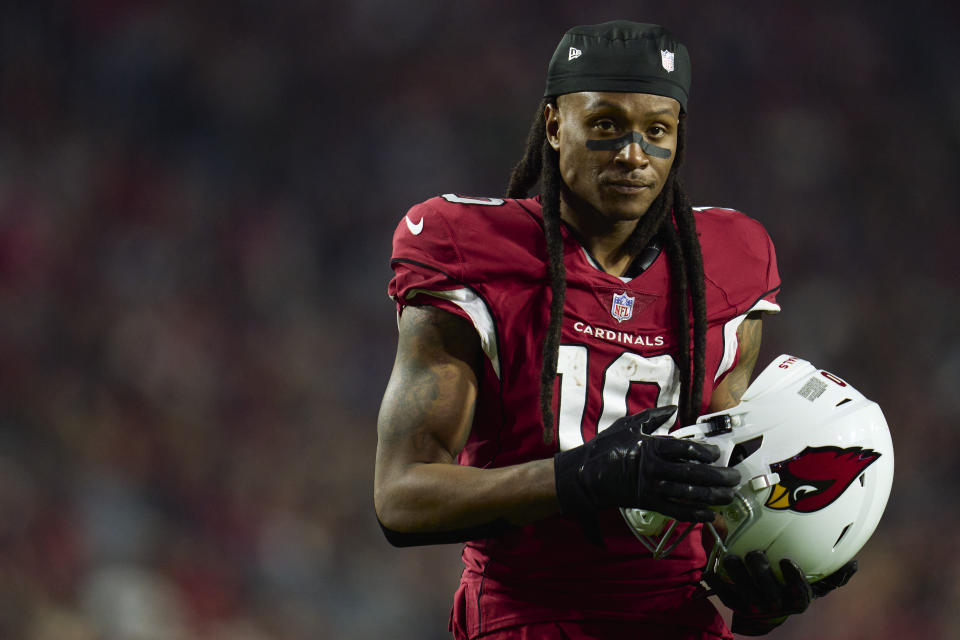 GLENDALE, AZ - DECEMBER 12: DeAndre Hopkins #10 of the Arizona Cardinals looks toward the sideline against the New England Patriots during the second half at State Farm Stadium on December 12, 2022 in Glendale, Arizona.  (Photo by Cooper Neill/Getty Images)