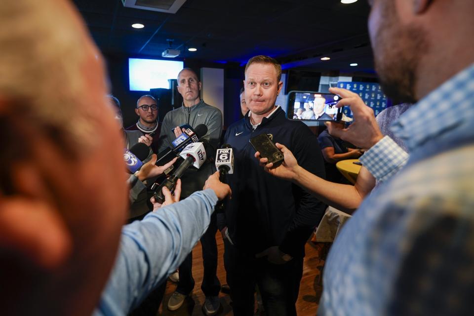 Milwaukee Brewers' General Manager Matt Arnold answers questions at a promotional event Wednesday, Jan. 18, 2023, in Milwaukee. (AP Photo/Morry Gash)