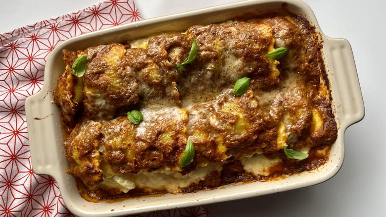 hidden vegetable ravioli in a casserole dish