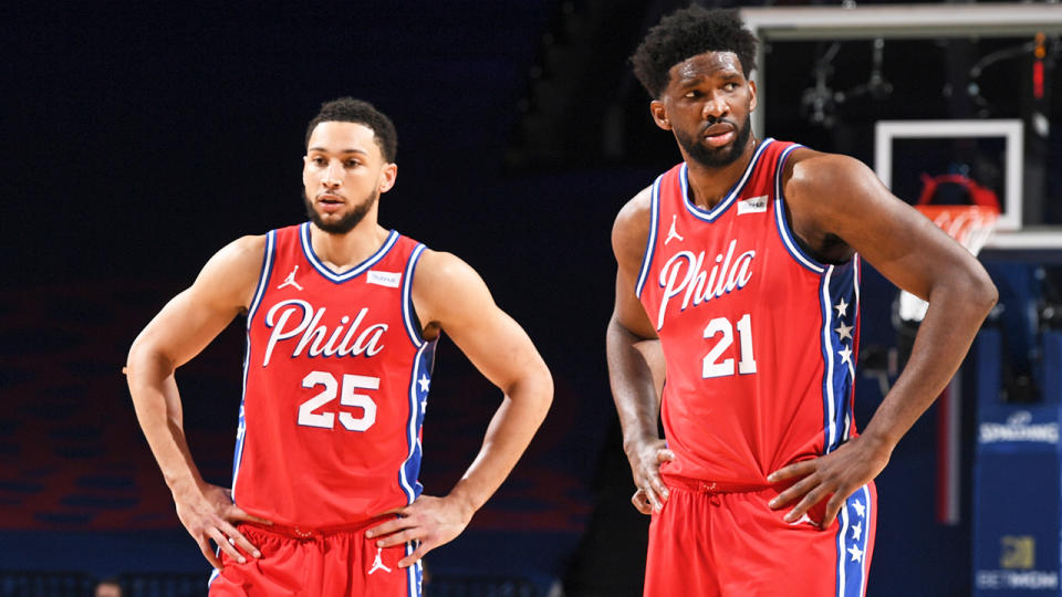 Ben Simmons and Joel Embiid will return to the NBA court next week, once their quarantine period is complete. The pair missed the recent All Star game after a barber they visited later tested positive for the coronavirus. (Photo by  Garrett Ellwood/NBAE via Getty Images)