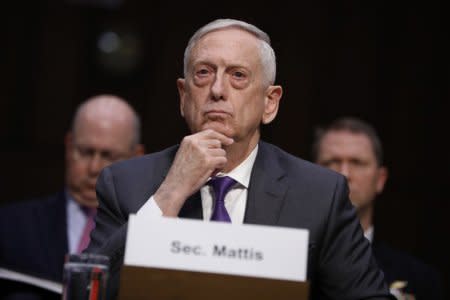 U.S. Defense Secretary Jim Mattis testifies before a Senate Armed Services Committee hearing on the “Defense Department budget posture in review of the Defense Authorization Request for FY2019 and the Future Years Defense Program” on Capitol Hill in Washington, U.S., April 26, 2018. REUTERS/Aaron P. Bernstein