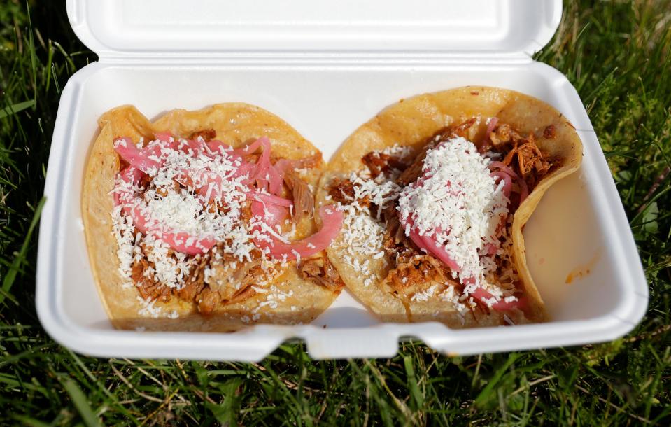 Cochinita pibil tacos from Gourmet Corn Yucatán Cuisine food trailer deliver a Yucatán, Mexico delicacy in Green Bay and surrounding communities.