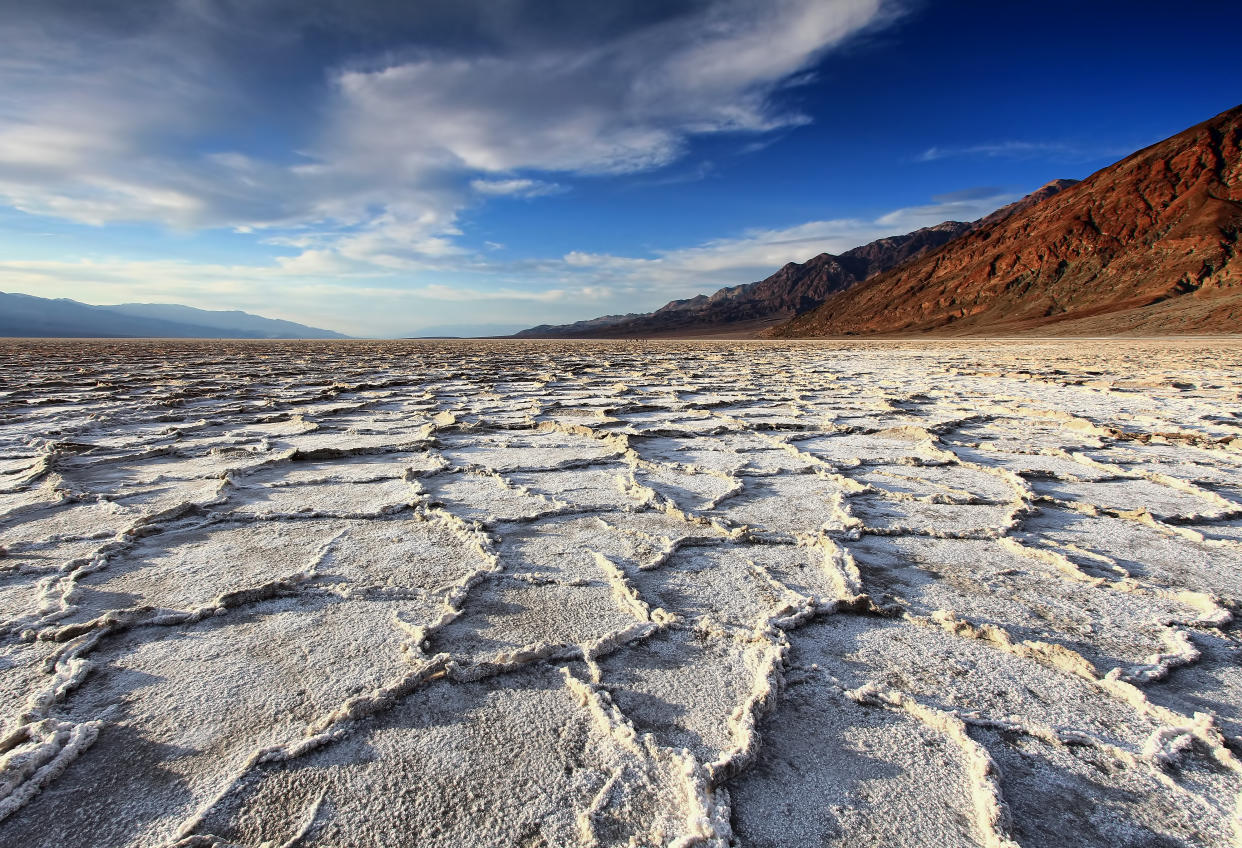 The Badwater Salt Flats in Death Valley less than one hour before sunset. The Badwater Salt Flats are located on the south end of Death Valley National Park.