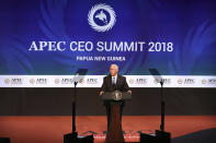 U.S. Vice President Mike Pence speaks at the APEC CEO Summit at the Pacific Explorer cruise ship docked in Port Moresby, Papua New Guinea, Saturday, Nov. 17, 2018. (AP Photo/Mark Schiefelbein)