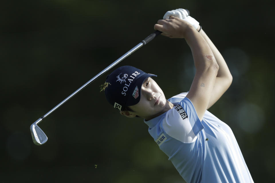 Sung Hyun Park, of South Korea, watches her tee shot on the seventh hole during the first round of the Indy Women in Tech Championship golf tournament, Thursday, Sept. 26, 2019, in Indianapolis. (AP Photo/Darron Cummings)