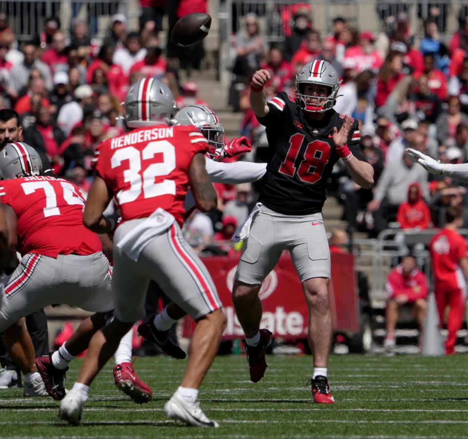 Ohio State quarterback Will Howard passes to running back TreVeyon Henderson during Saturday's spring game.
