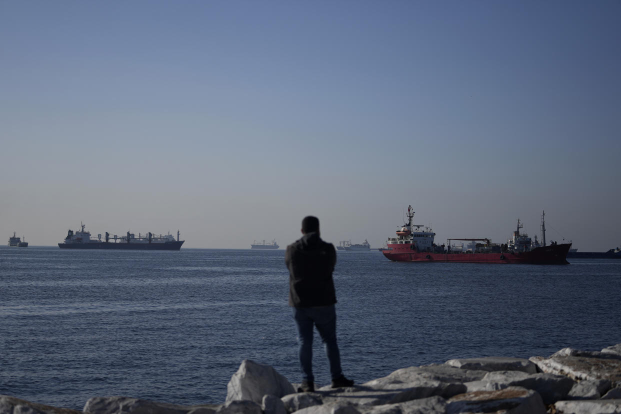 Cargo ships anchored in the Marmara Sea await to cross the Bosphorus Straits in Istanbul, Turkey, Tuesday, Nov. 1, 2022. Turkey's defense minister urged Russia to "reconsider" its decision to suspend the implementation of the U.N. and Turkish-brokered grain deal in a telephone call Monday with his Russian counterpart, Sergei Shoigu. (AP Photo/Khalil Hamra)