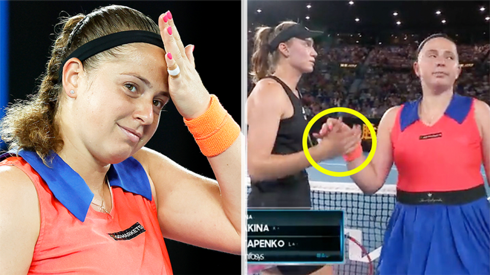 Jelena Ostapenko (pictured left) frustrated during the Australian Open and (pictured right) Ostapenko shaking hands with Elena Rybakina.